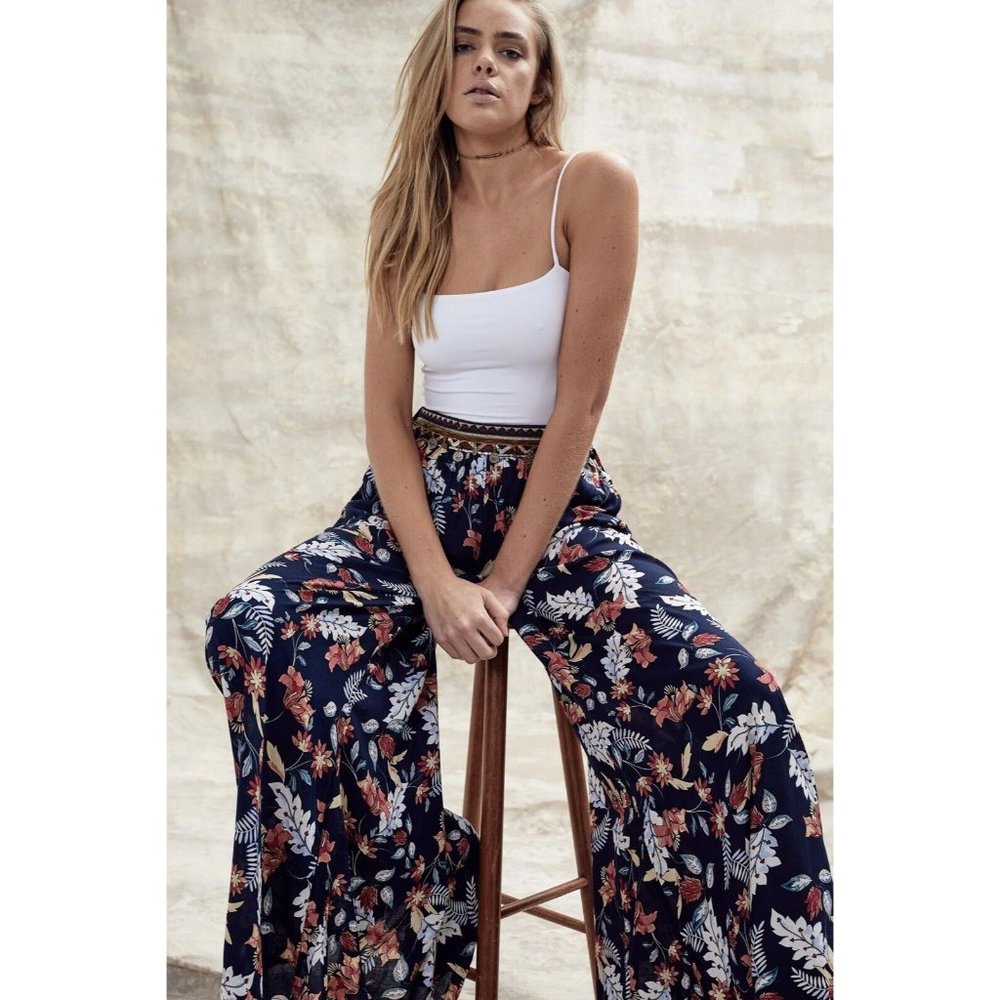 Jaase Wide Leg Floral Pants Pull On Sequined Elastic Waist Pockets Size Medium